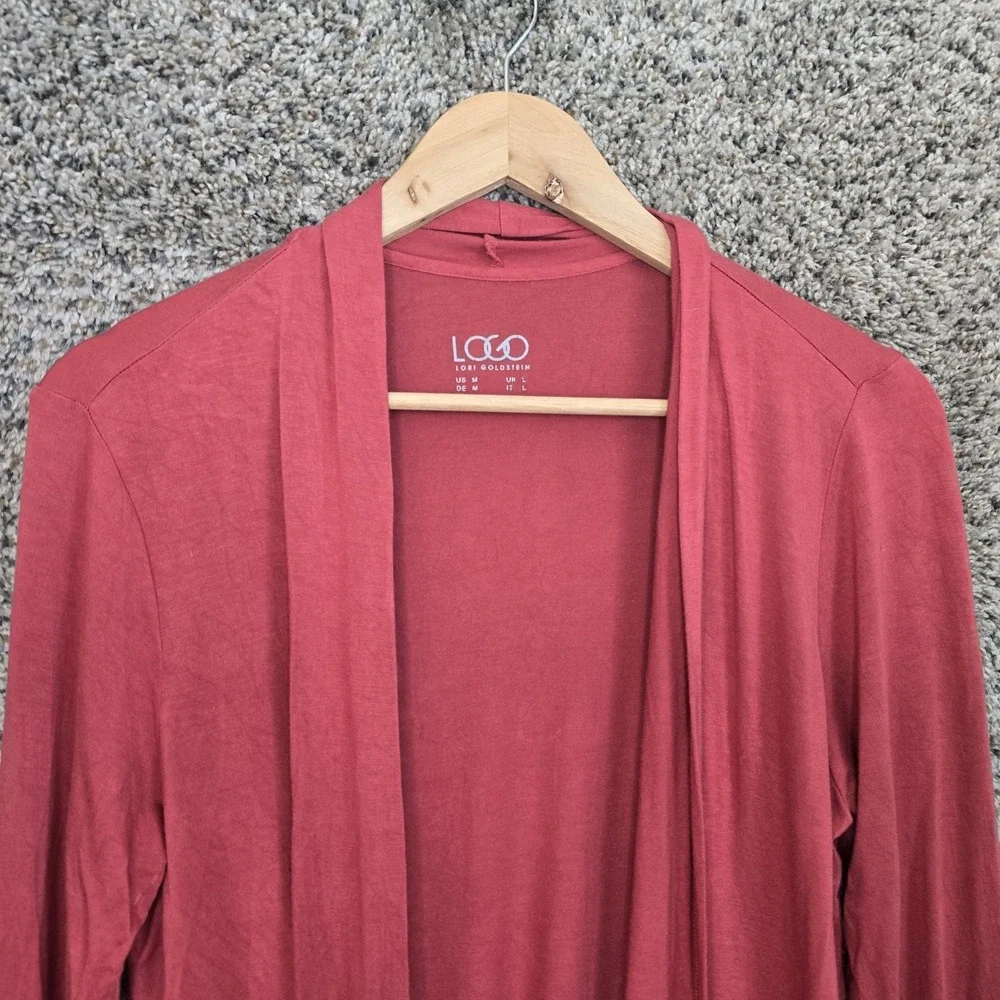 LOGO Lori Goldstein Cardigan Womens Medium Pink Open Front Stretch Casual Ladies
